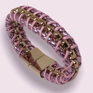 Stainless Steel Gold Plated Leather Clasp Bracelet